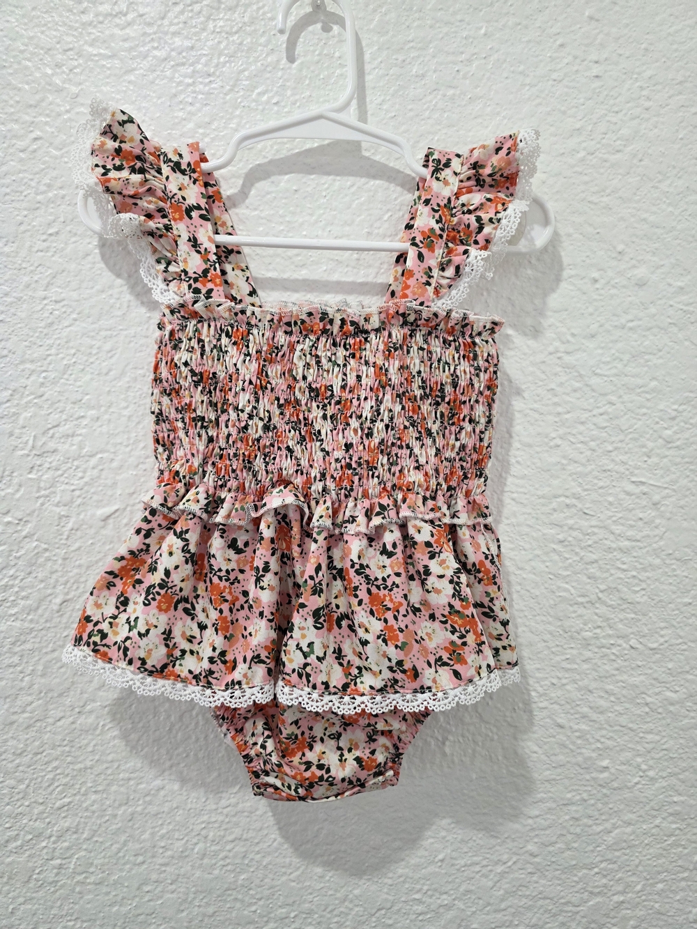 SHEIN Pink Floral Ruffle Smocked Romper